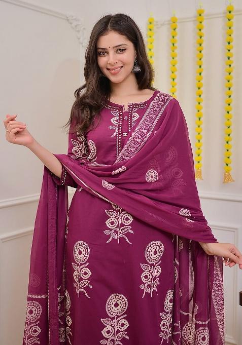 Orange Printed Cotton Kurta Set