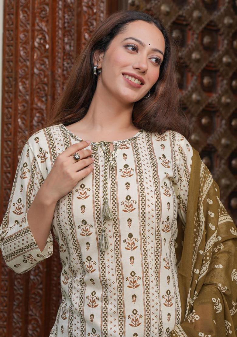 Green Printed Cotton Kurta Set - Indya