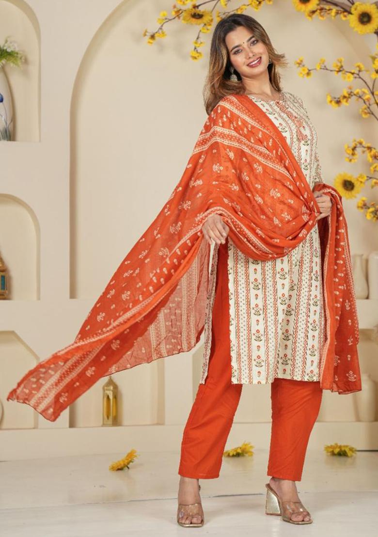 Orange Printed Cotton Kurta Set - Indya