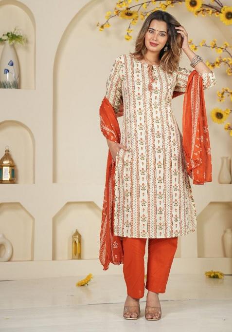 Orange Printed Cotton Kurta Set