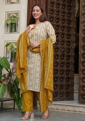 Dark-Yellow Printed Cotton Kurta Set