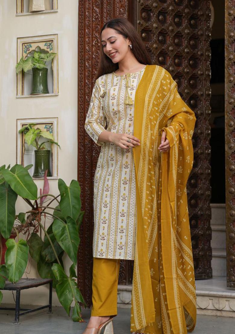 Dark-Yellow Printed Cotton Kurta Set - Indya