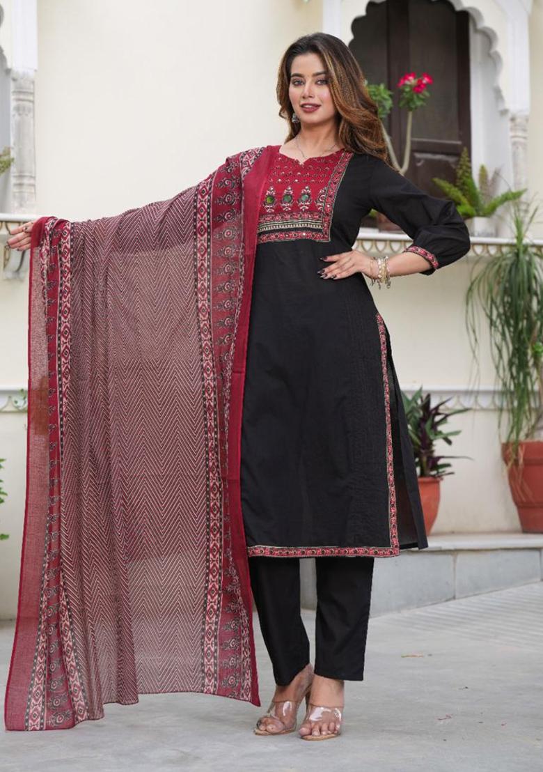 Black Printed Cotton Kurta Set - Indya