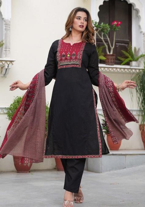 Black Printed Cotton Kurta Set