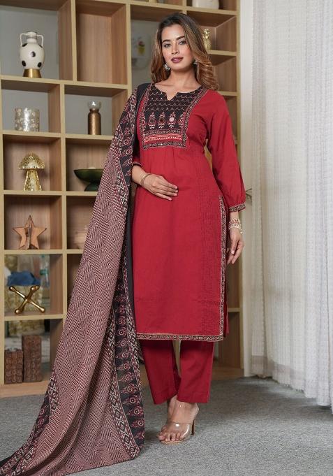 Red Printed Cotton Kurta Set