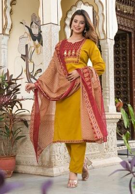 Dark-Yellow Printed Cotton Kurta Set