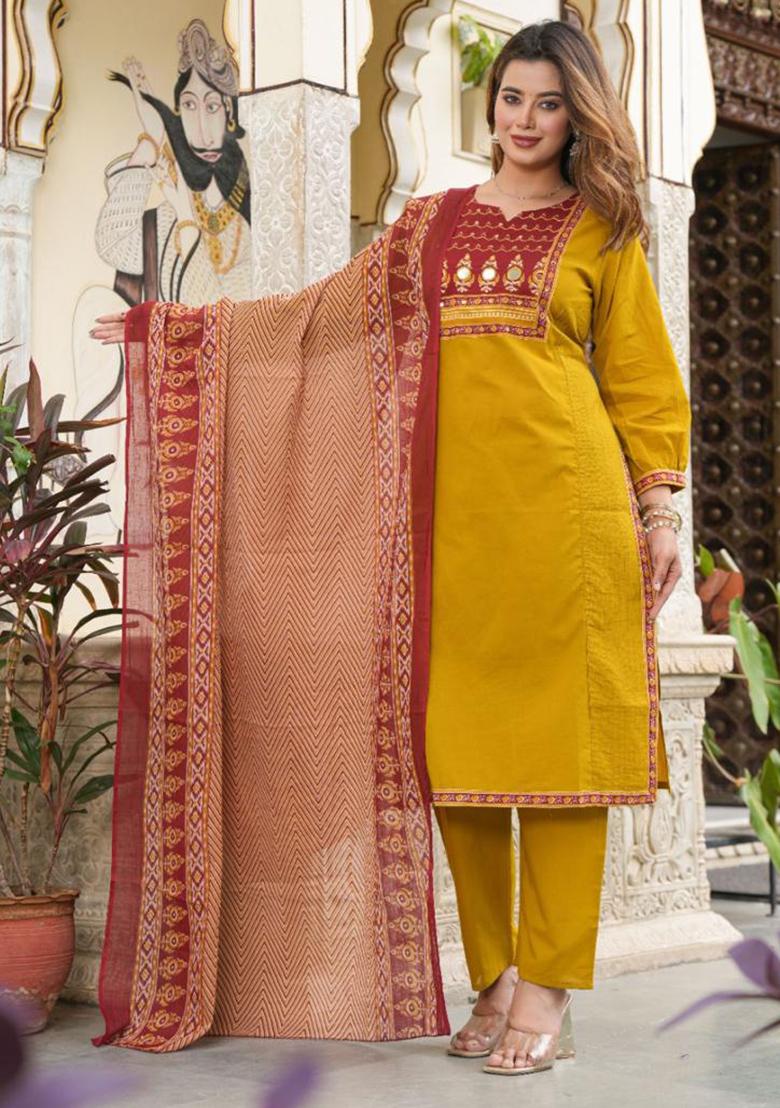 Dark-Yellow Printed Cotton Kurta Set - Indya