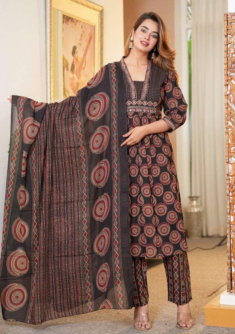 Black Printed Cotton A Line Kurta Set - Indya
