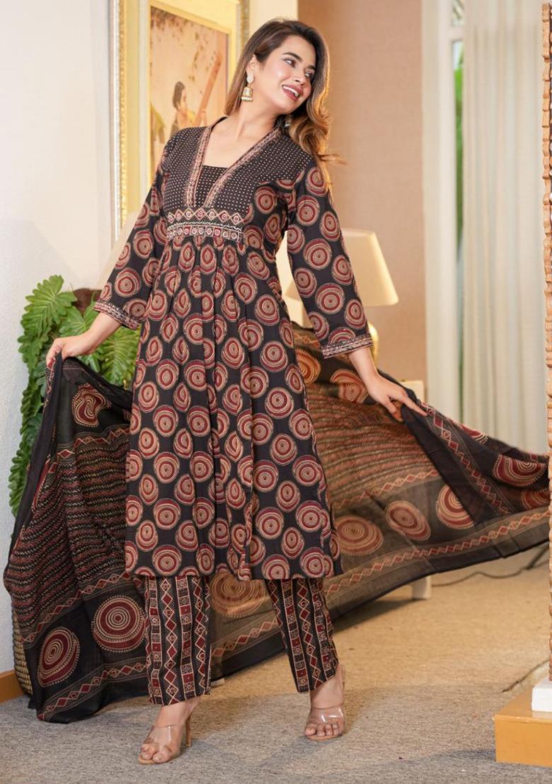 Black Printed Cotton Kurta Set - Indya