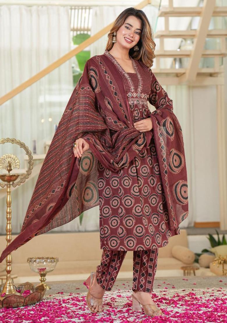 Red Printed Cotton Kurta Set - Indya