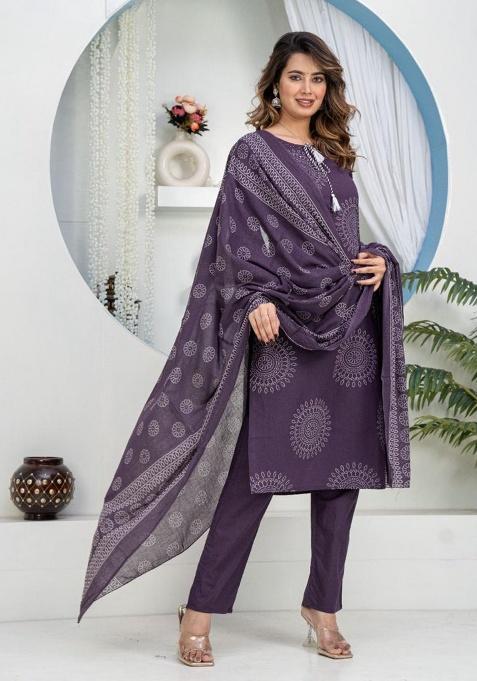 Blue Printed Cotton Kurta Set