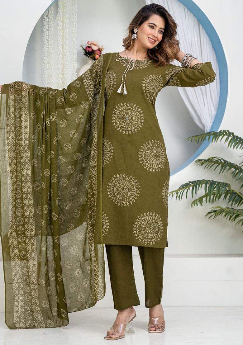 Green Printed Cotton Kurta Set - Indya