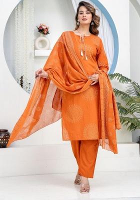 Orange Printed Cotton Kurta Set