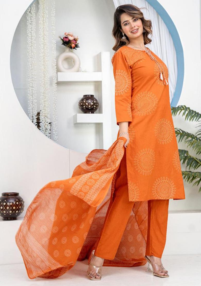 Orange Printed Cotton Kurta Set - Indya