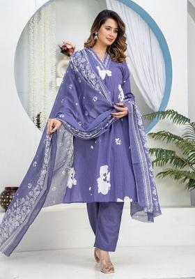 Blue Printed Cotton Kurta Set