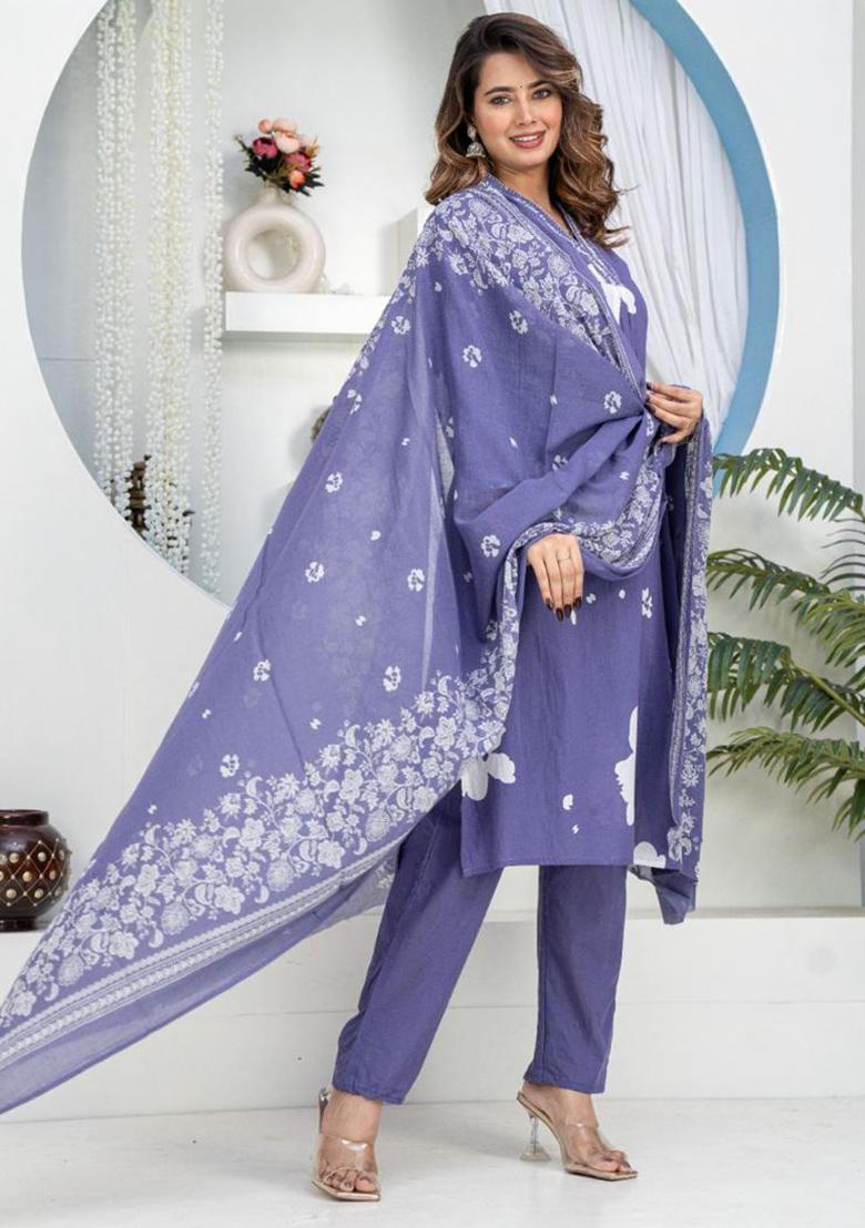 Blue Printed Cotton Kurta Set - Indya