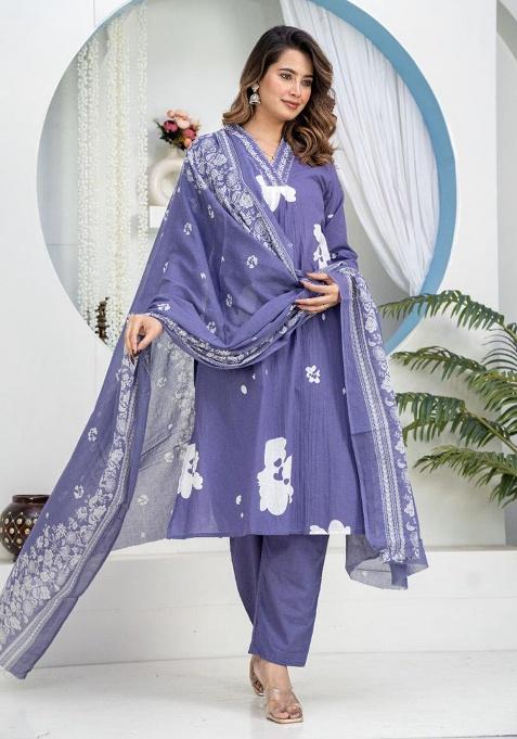 Blue Printed Cotton Kurta Set