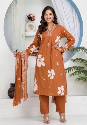 Brown Printed Cotton Kurta Set