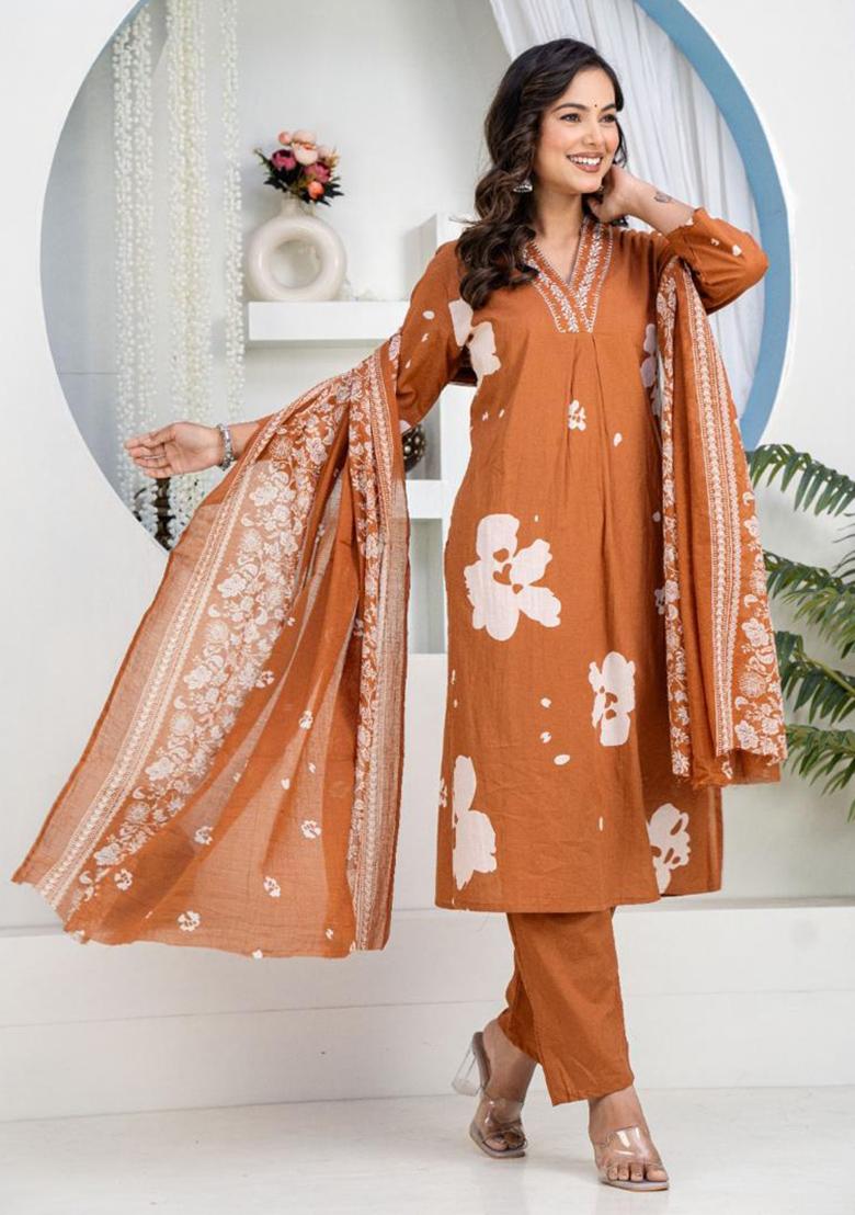 Brown Printed Cotton Kurta Set - Indya