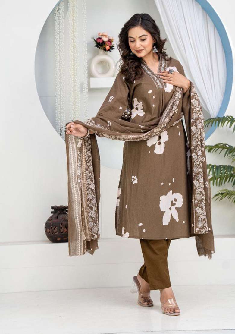Chiku Embroidered Cotton Straight Kurta Set - Indya