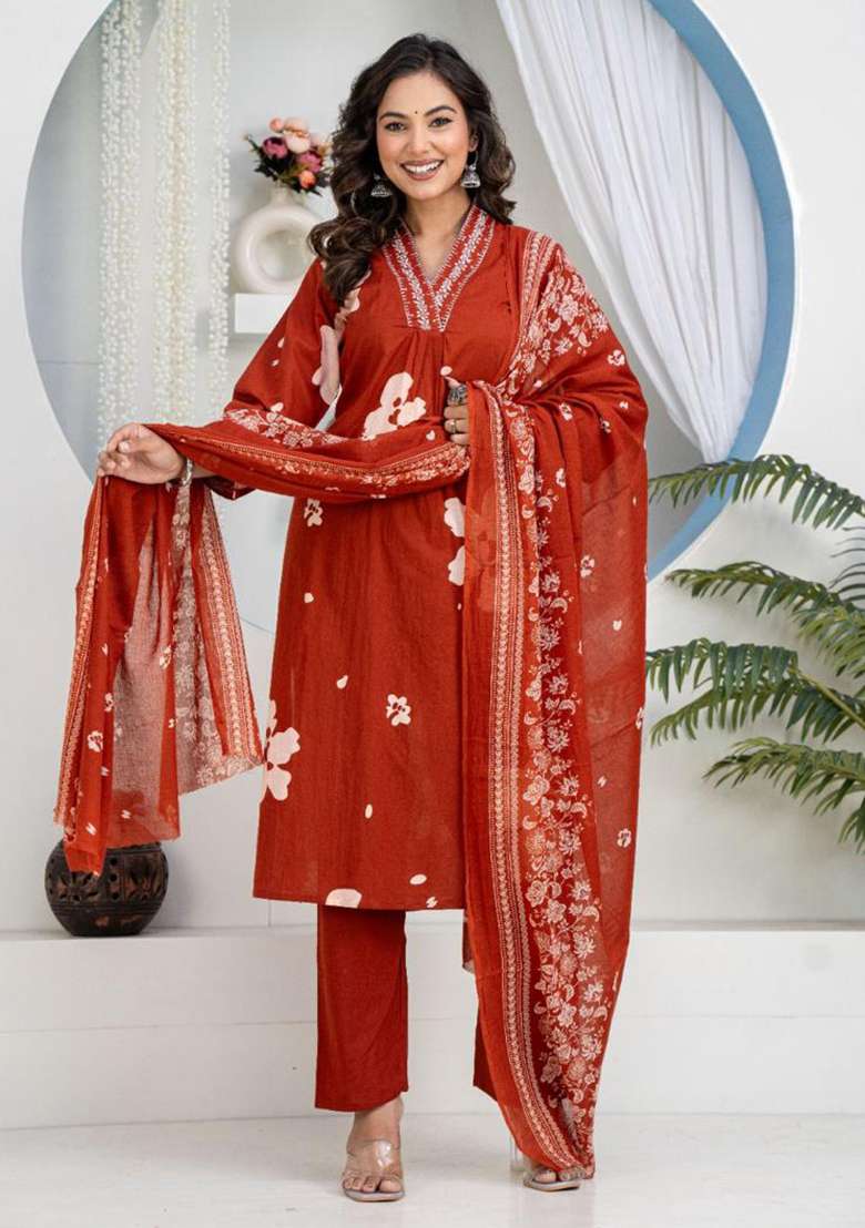 Rust Embroidered Cotton Straight Kurta Set - Indya