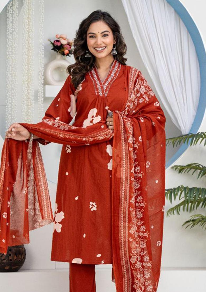 Rust Printed Cotton Kurta Set - Indya