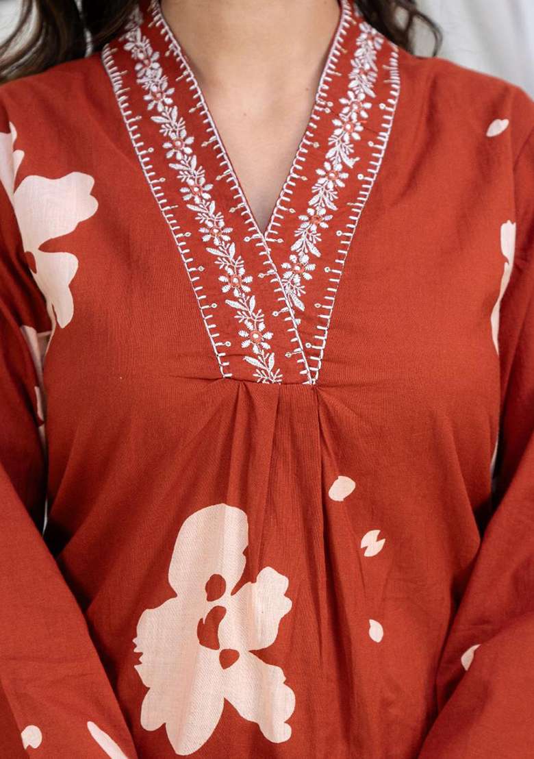 Rust Embroidered Cotton Straight Kurta Set - Indya