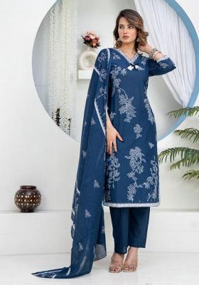 Blue Printed Cotton Kurta Set