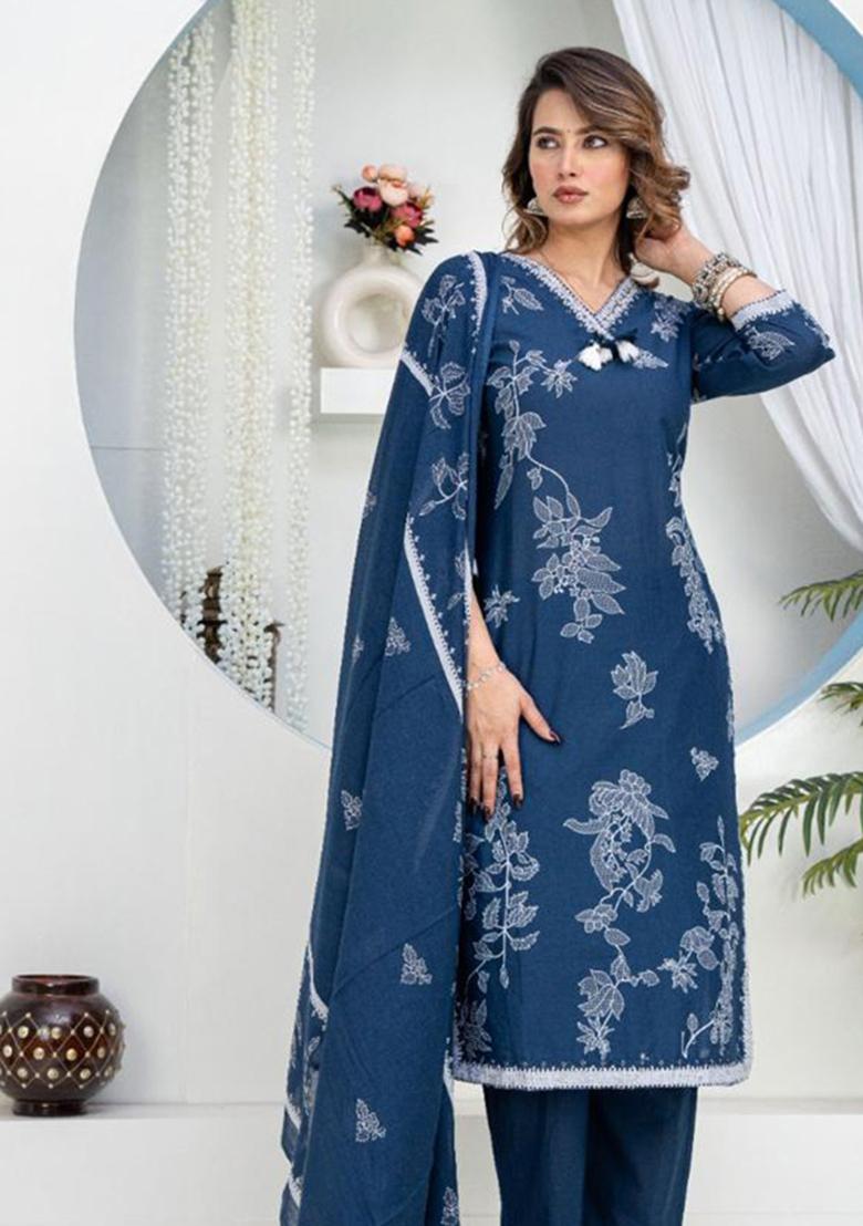 Blue Printed Cotton Kurta Set - Indya