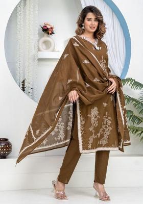 Brown Printed Cotton Kurta Set