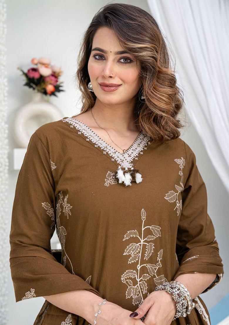 Brown Printed Cotton Kurta Set - Indya