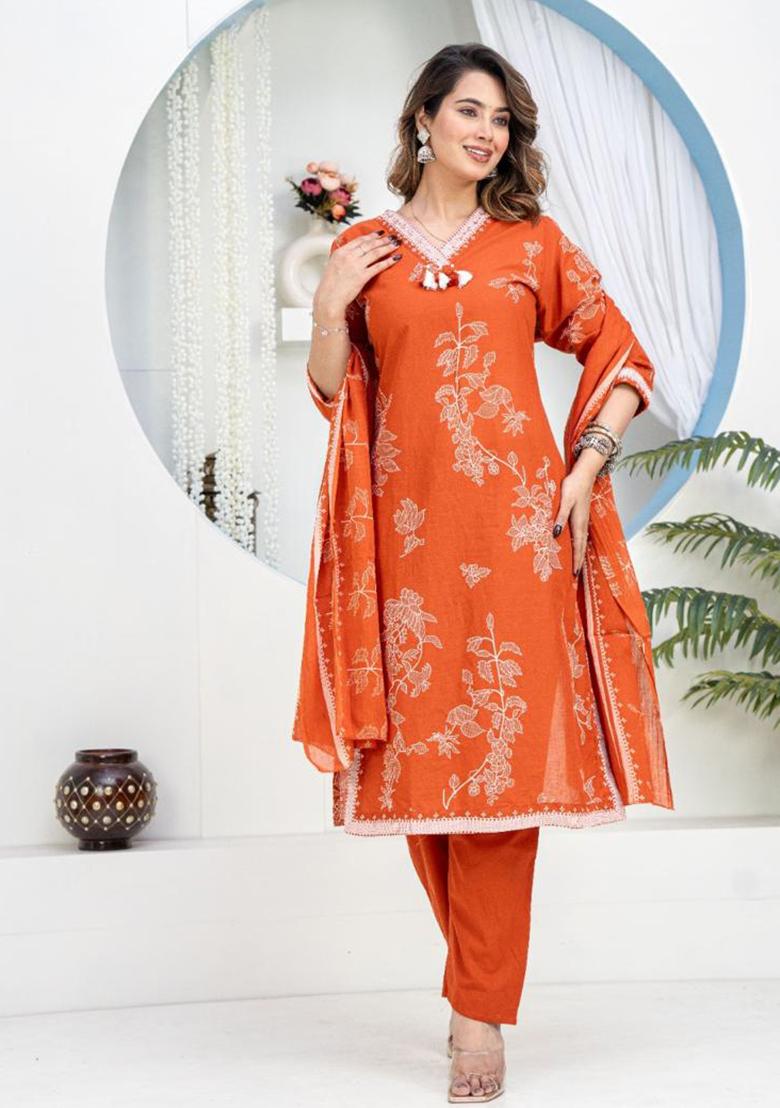 Orange Printed Cotton Kurta Set - Indya