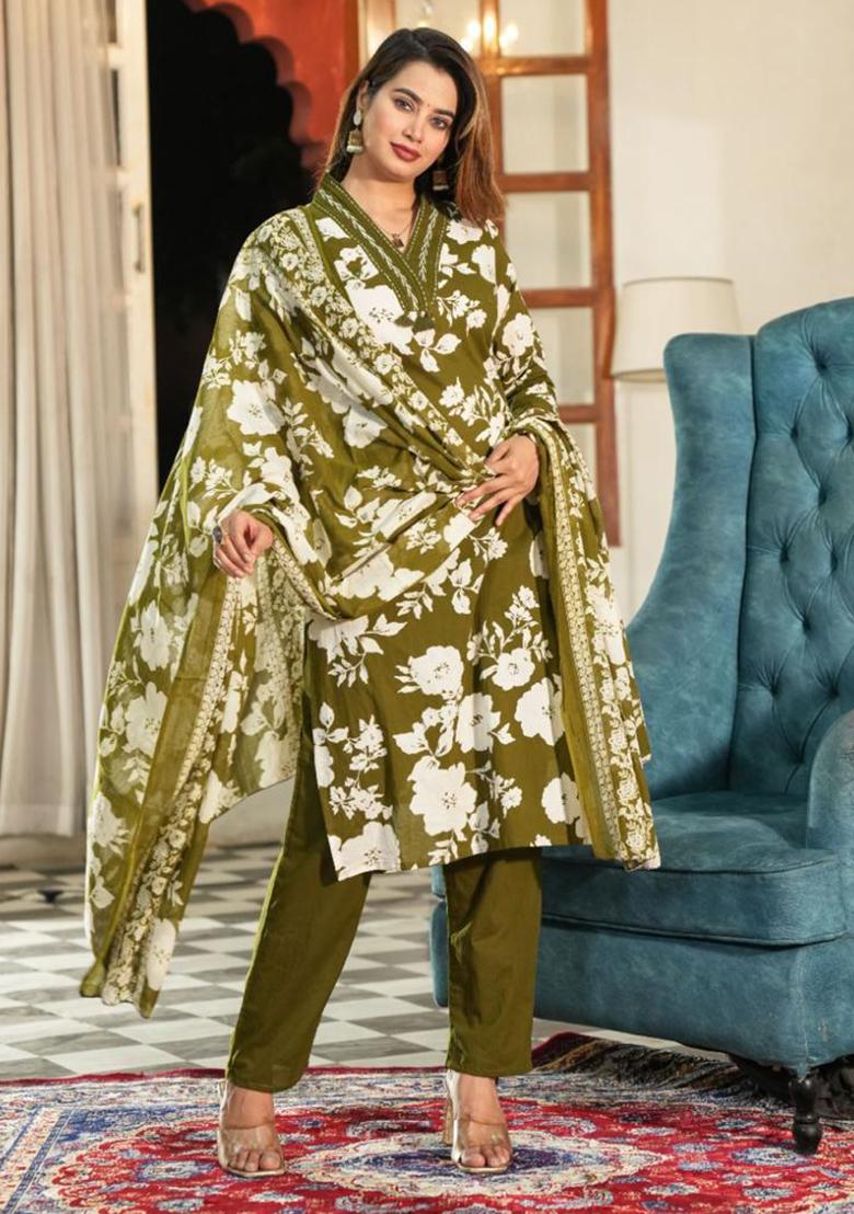 Green Printed Cotton Kurta Set - Indya
