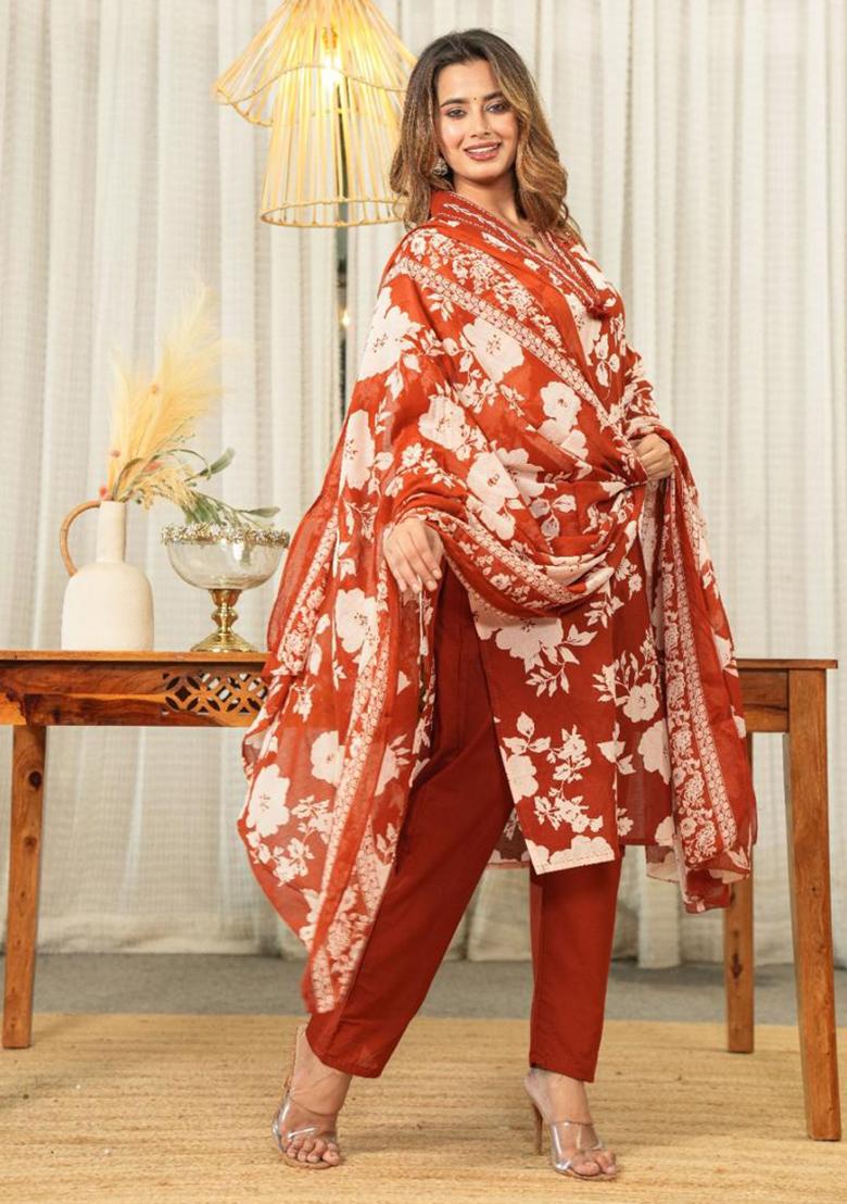 Orange Printed Cotton Kurta Set - Indya