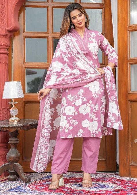 Purple Printed Cotton Kurta Set