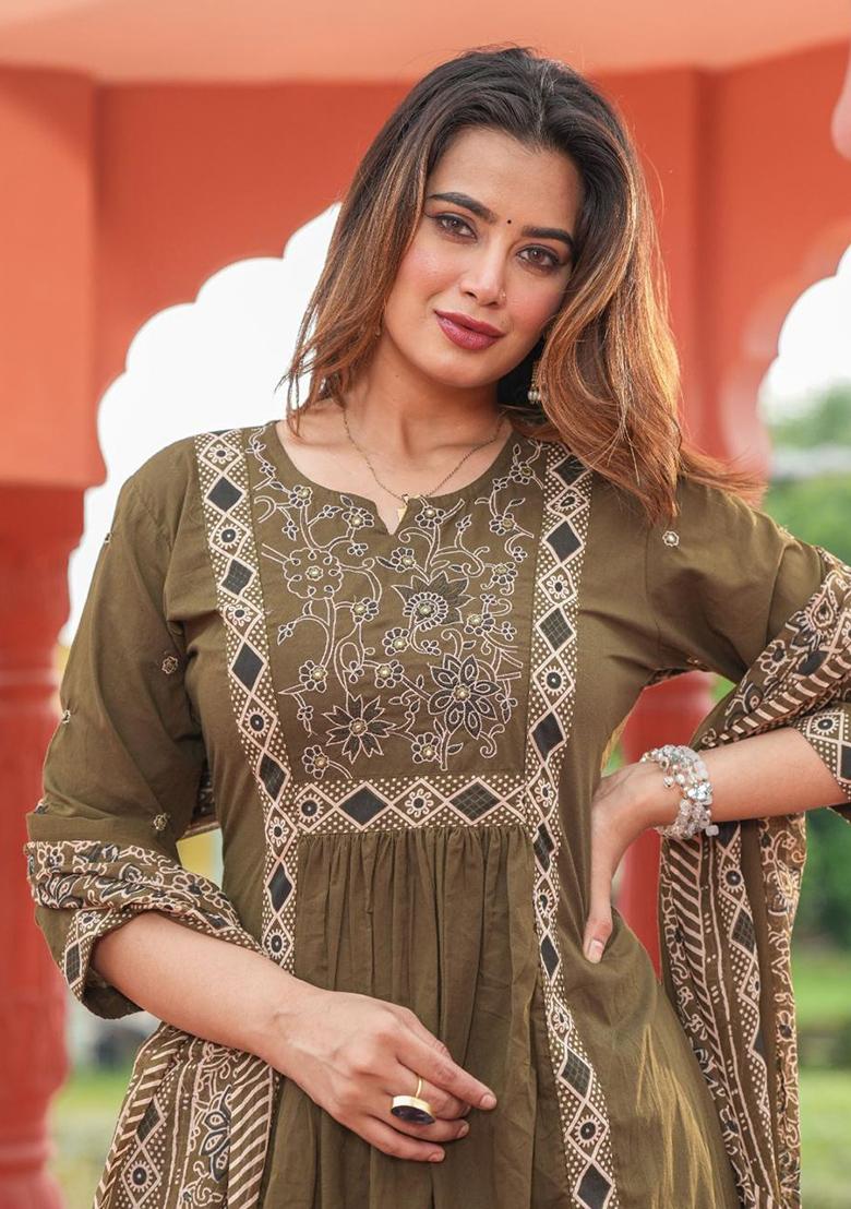 Green Printed Cotton Kurta Set - Indya