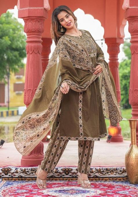 Green Printed Cotton Kurta Set