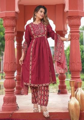 Maroon Printed Cotton Kurta Set