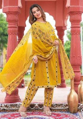 Dark-Yellow Printed Cotton Kurta Set