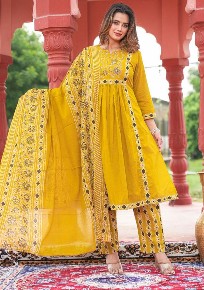 Dark-Yellow Printed Cotton Kurta Set - Indya