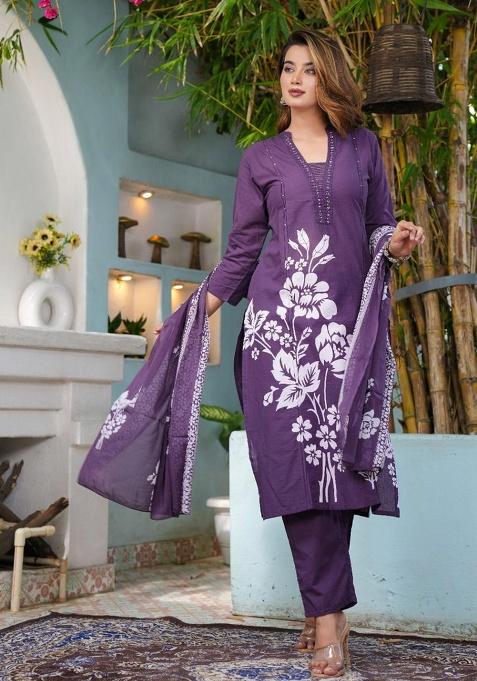 Blue Printed Cotton Kurta Set