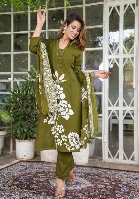 Green Printed Cotton Kurta Set