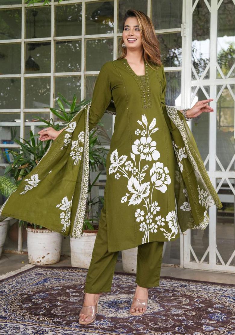 Green Printed Cotton Kurta Set - Indya