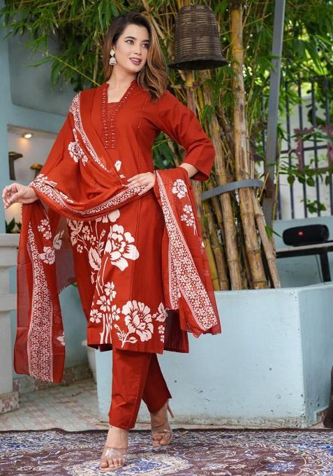 Red Printed Cotton Kurta Set