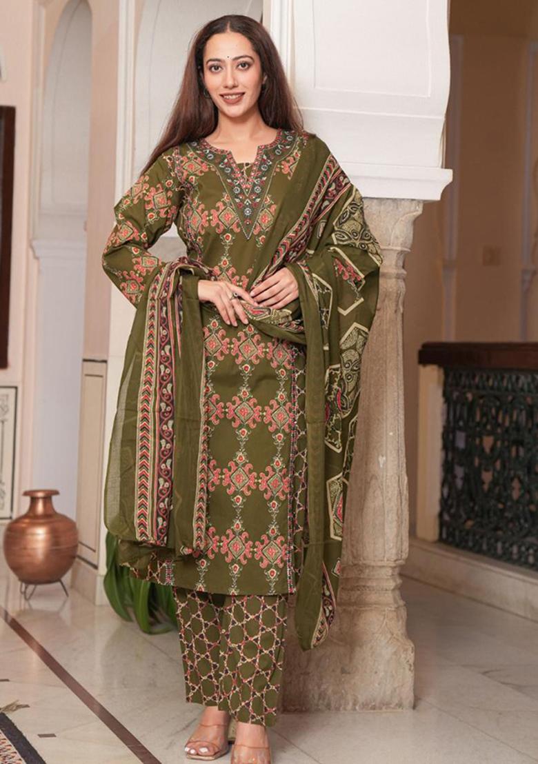 Green Printed Cotton Kurta Set - Indya