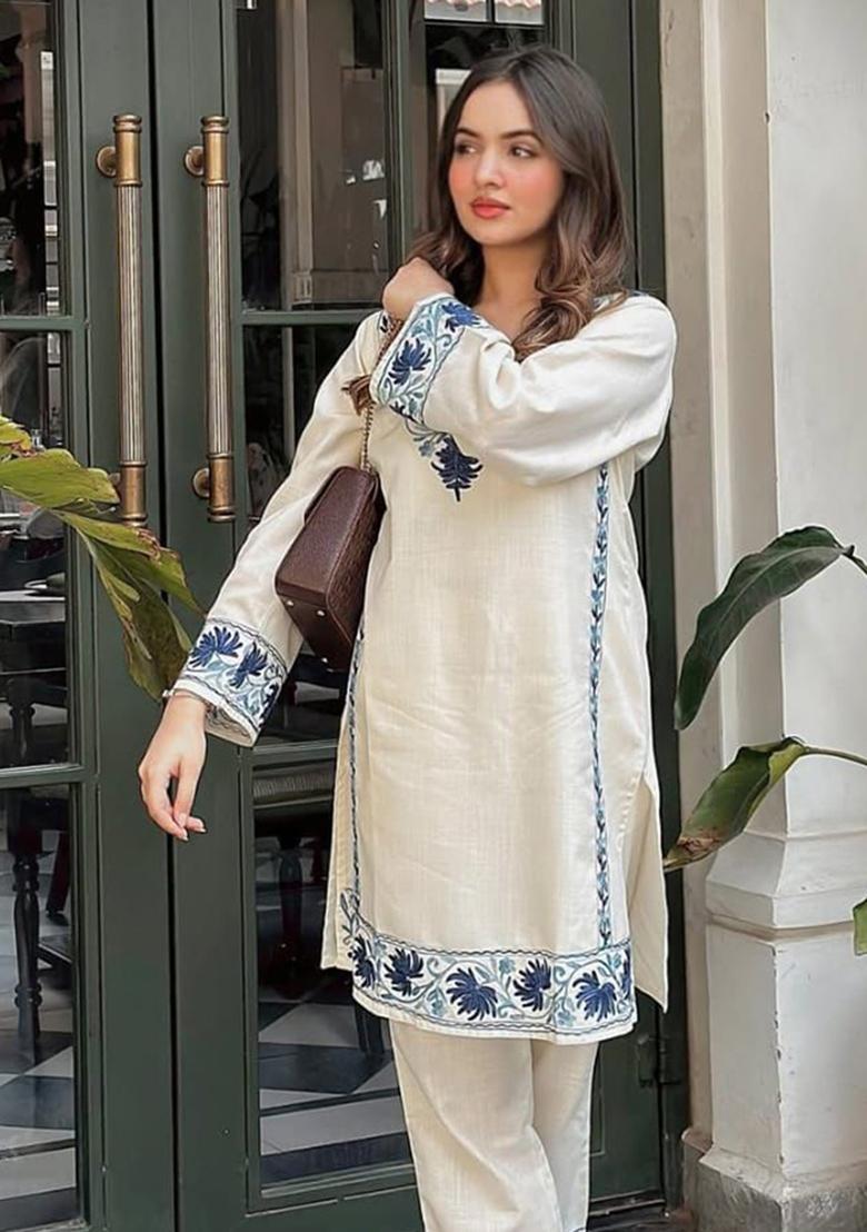 White Printed Cotton Kurta Set - Indya