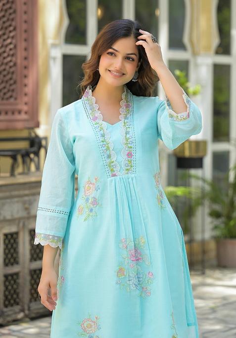 Blue Printed Cotton Kurta Set