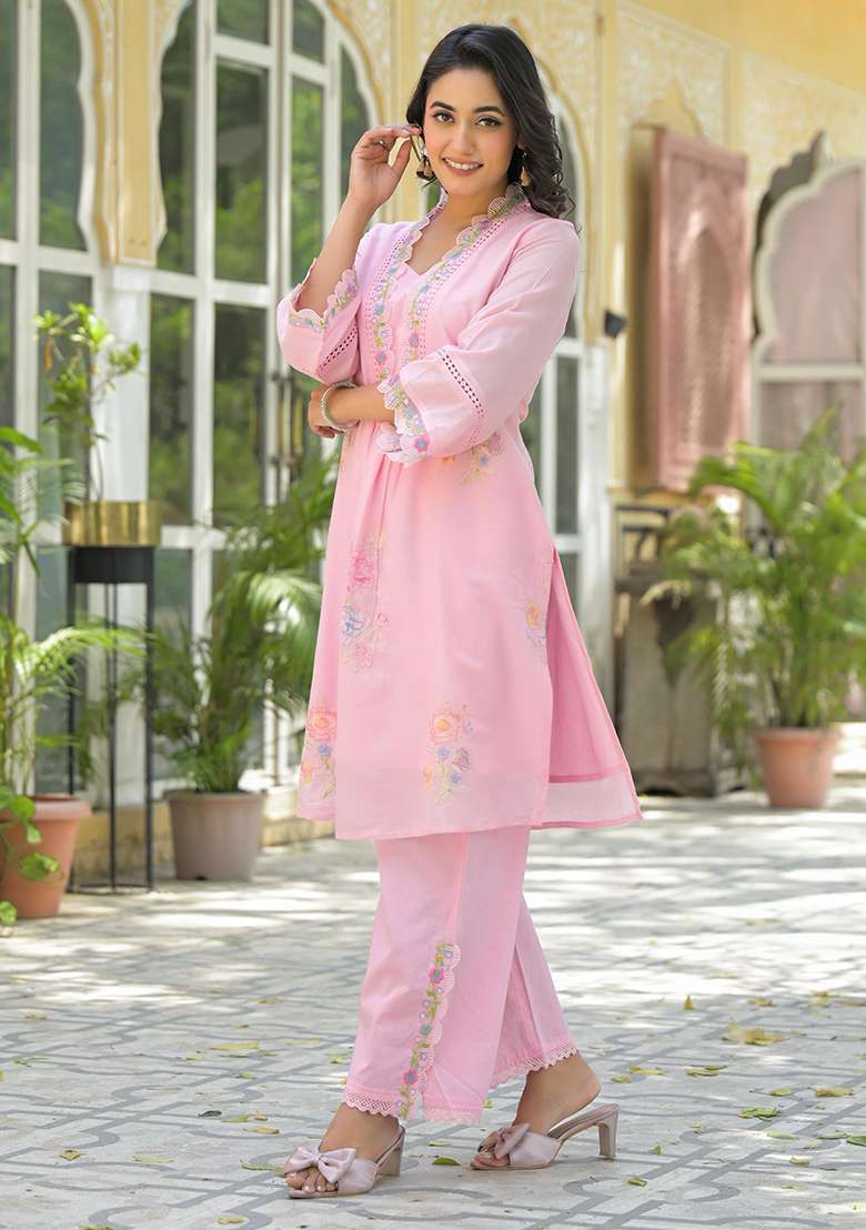 Pink Embroidered Cotton Straight Kurta Set - Indya