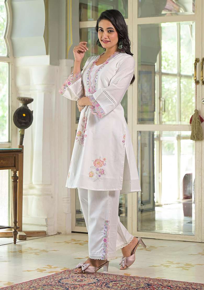 White Embroidered Cotton Straight Kurta Set - Indya