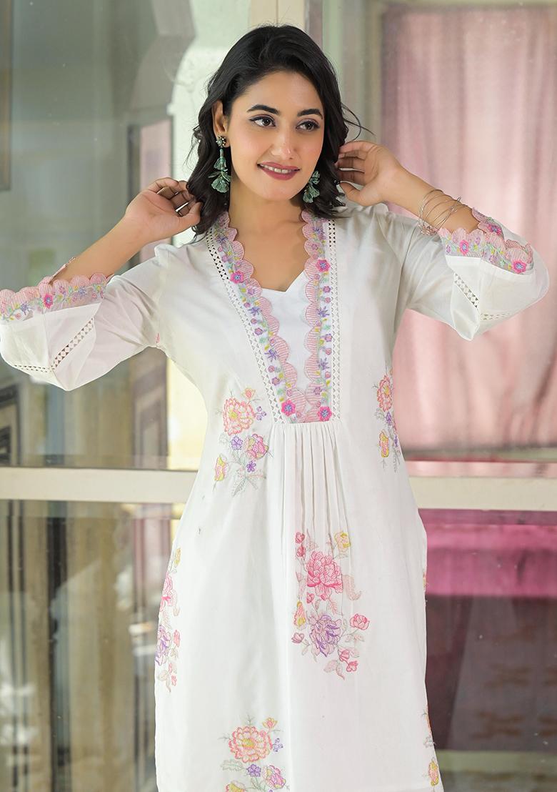 White Printed Cotton Kurta Set - Indya